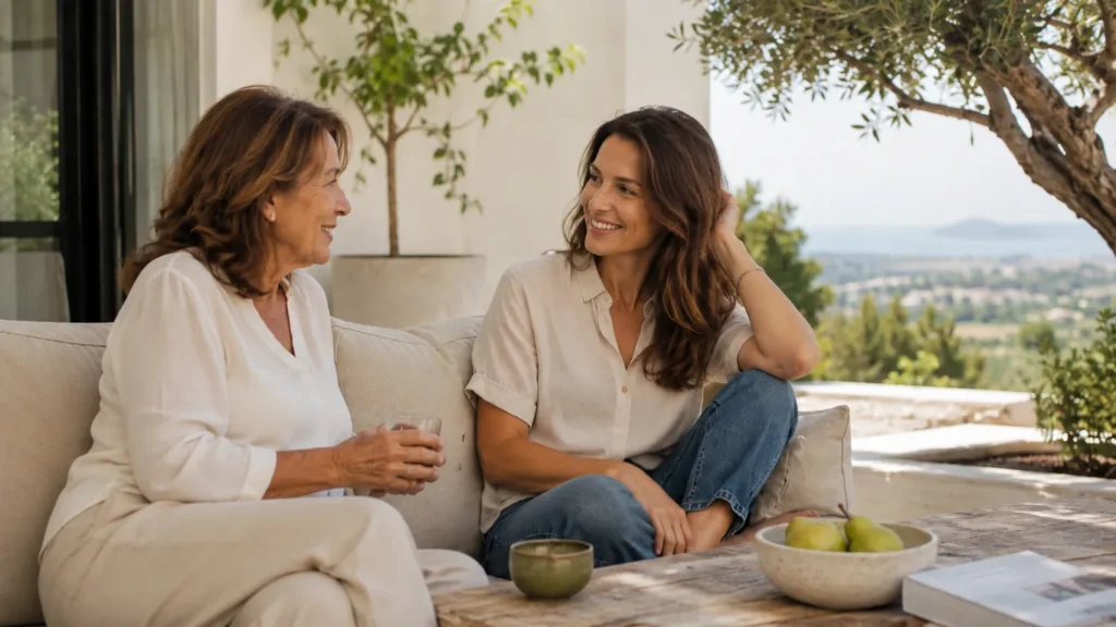 Dues dones conversant tranquil·lament en una terrassa amb vistes