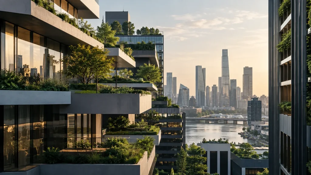 Edificis residencials i urbans d’alt nivell amb terrasses enjardinades, representant patrimoni internacional i inversió immobiliària global.