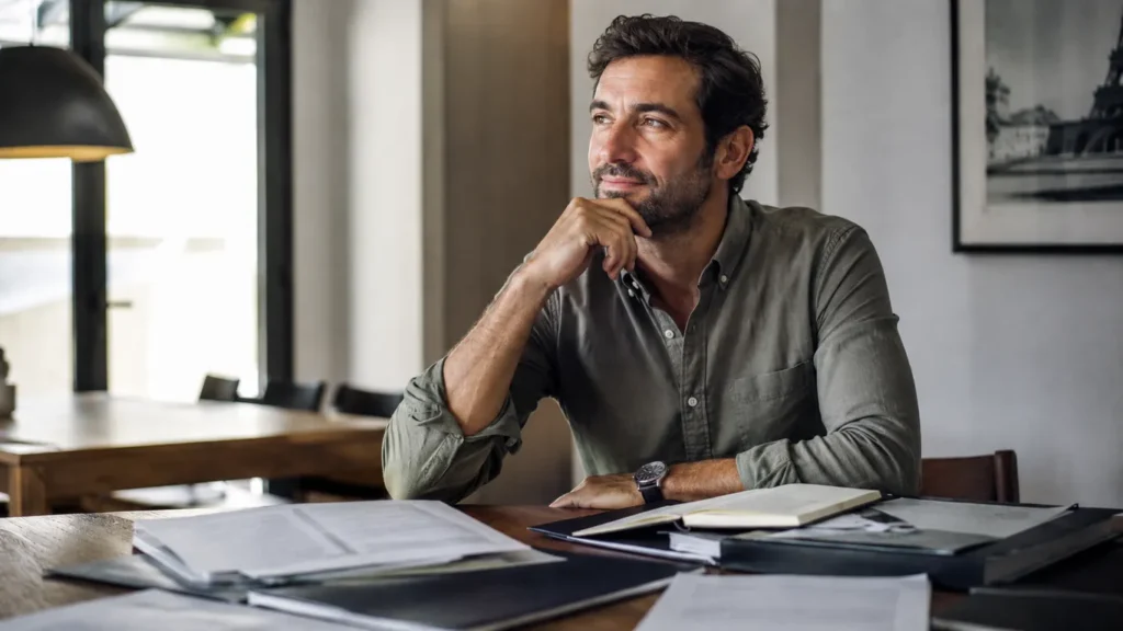 Home adult reflexionant sobre decisions patrimonials i projectes de futur en un entorn professional tranquil.